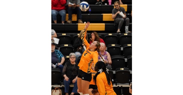 Zoe Maher attacks the Southeast defense in the fourth set on Tuesday night. (Daniel Stinman, North Platte Community College)